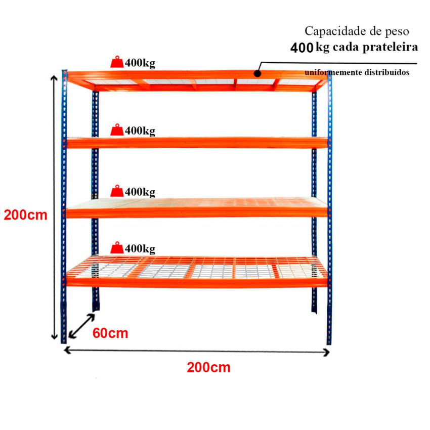 Estante Industrial em Aço 1200 Kilos 200x200x60 C/ 4 Prateleiras - H20060