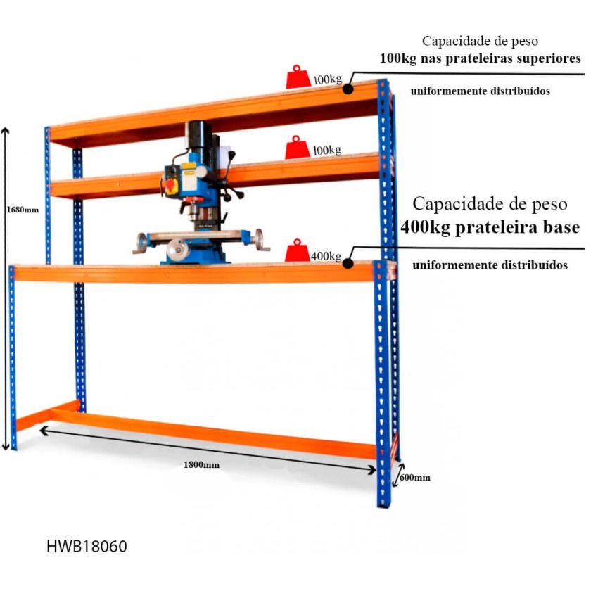 Bancada de Trabalho Reforçada com 2 Prateleiras 400 Kilos-HWB18060-STROM