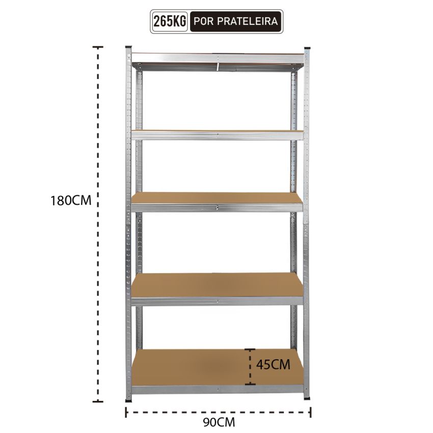 Estante Galvanizada 1325 Kilos - 180x90x45 - 5 Prateleiras SG265 - Strom