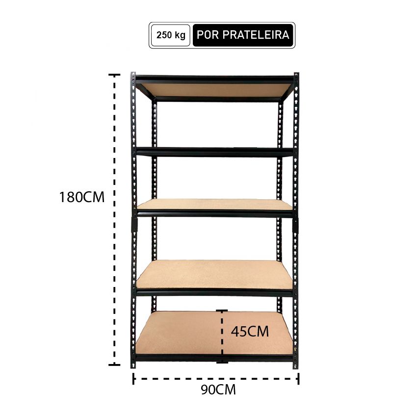 Estante em Aço Galvanizado 250kg p/ Prateleira - 180x90x45cm - SP361872 