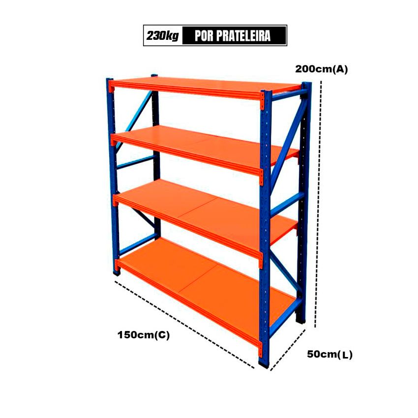 Estante em Aço 230kg p/ prateleira 150x50x200cm - WEL-EST-15X5X20