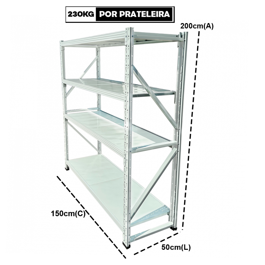 Estante em Aço 230kg p/ prateleira 150x50x200cm - WEL-EST-15X5X20-Cinza